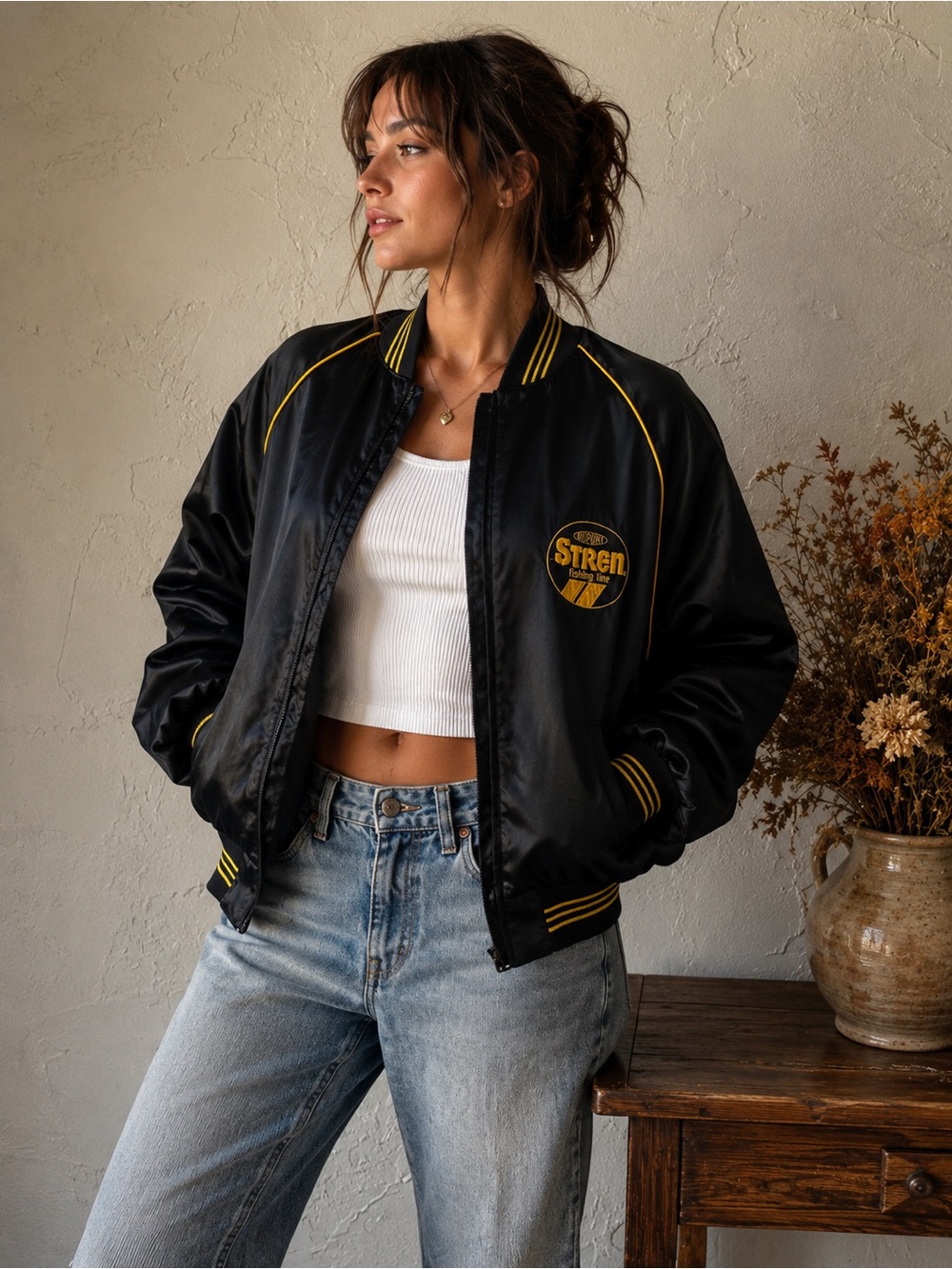 Vintage DuPont Stren Satin Bomber Jacket Black Yellow Varsity‎ Workwear USA Sz L